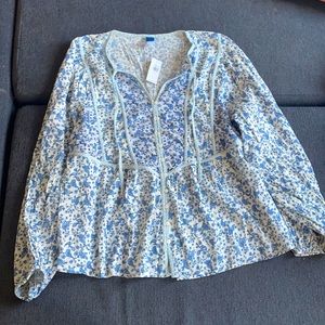 blue and white button up blouse